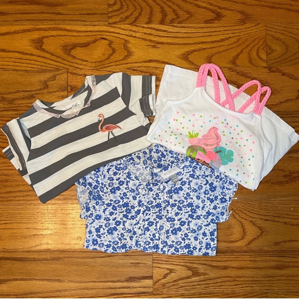 3 piece lot of girls size 4 spring and summer clothes, 2 shirts and 1 romper